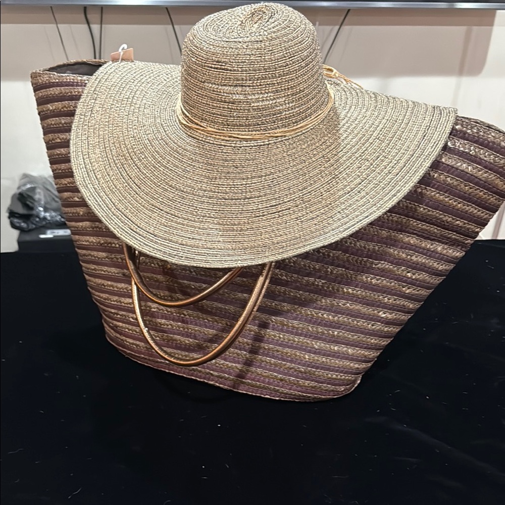 Elegant Tan and Brown Straw Hat and Bag Set
